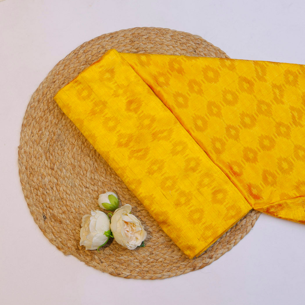 Bright Yellow Color Dupion Silk Fabric With Ikat Design