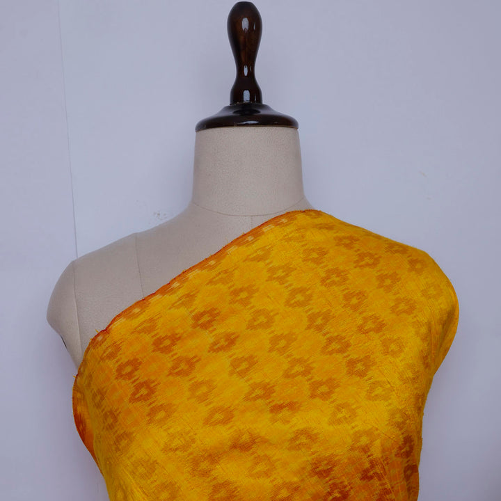 Bright Yellow Color Dupion Silk Fabric With Ikat Design