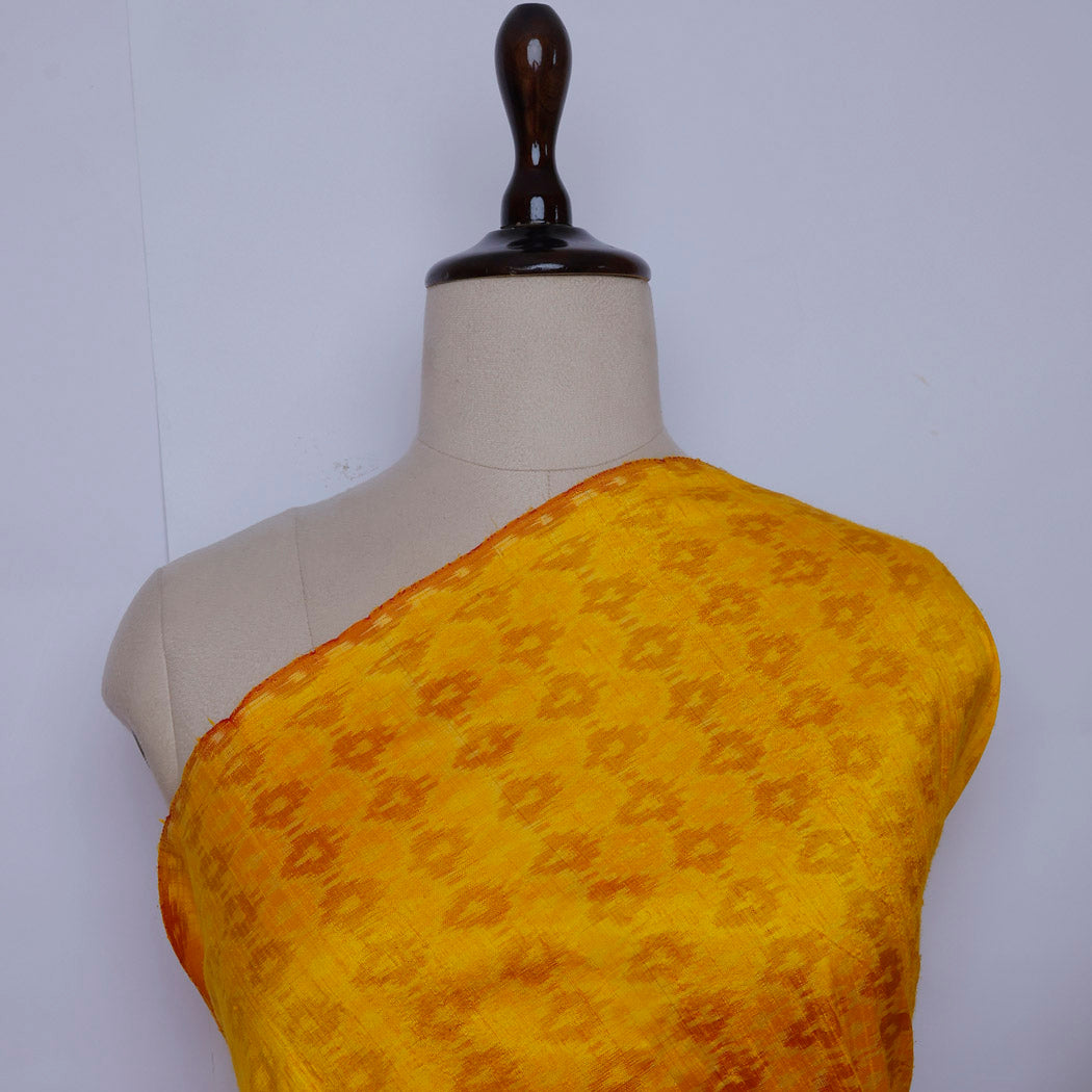 Bright Yellow Color Dupion Silk Fabric With Ikat Design