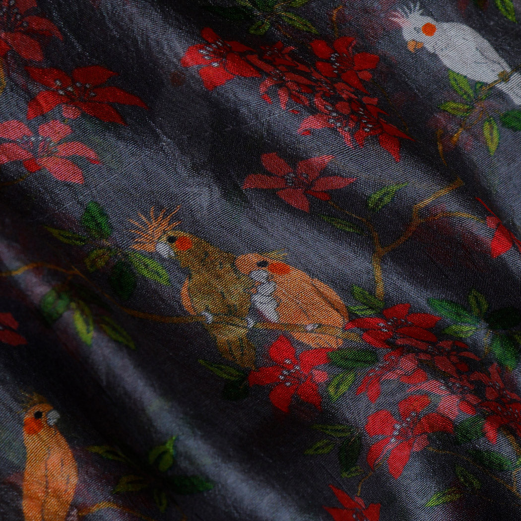Lead Grey Color Silk Fabric With Nature Inspired Motifs