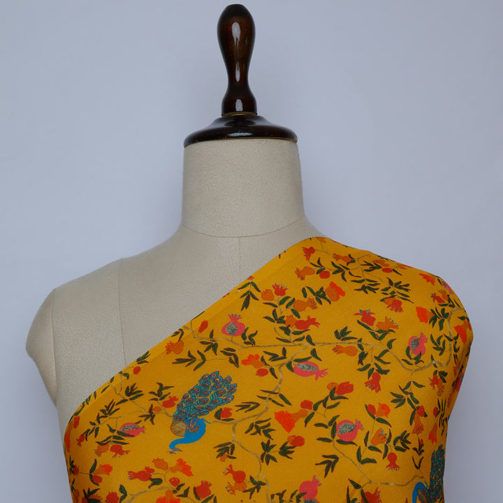 Orange Color Silk Fabric With Nature Inspired Printed Pattern