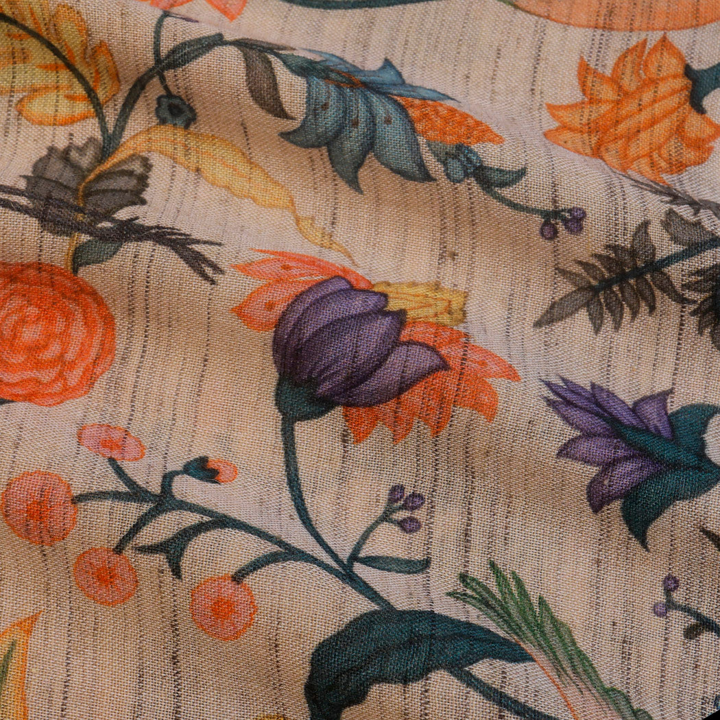 Off-White Color Tussar Fabric With Floral And Bird Motif Pattern