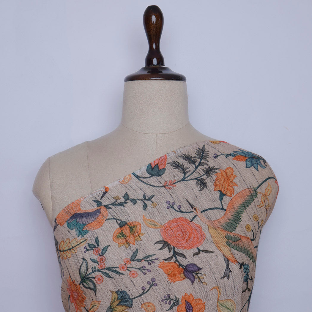Off-White Color Tussar Fabric With Floral And Bird Motif Pattern