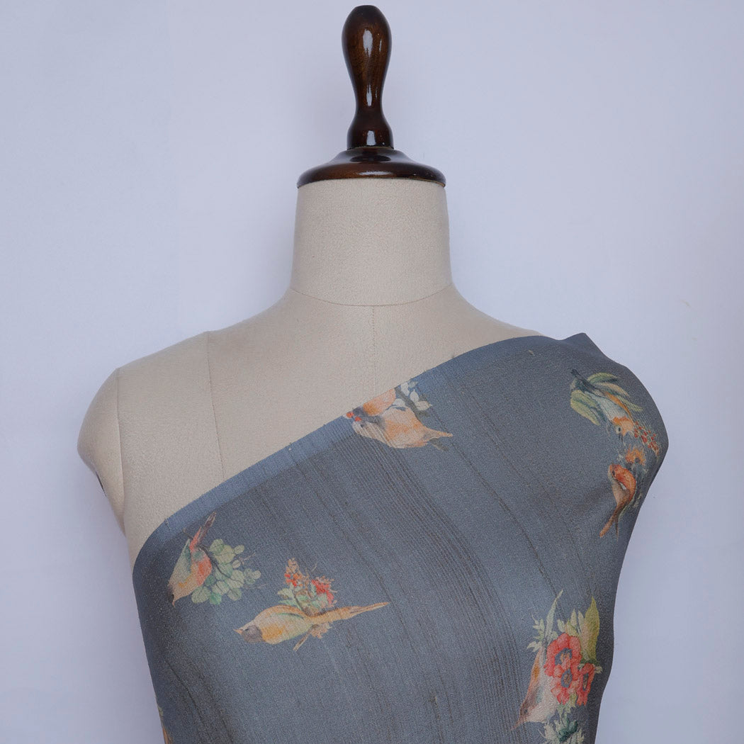 Blue Gray Color Tussar Fabric With Floral And Bird Motif Pattern