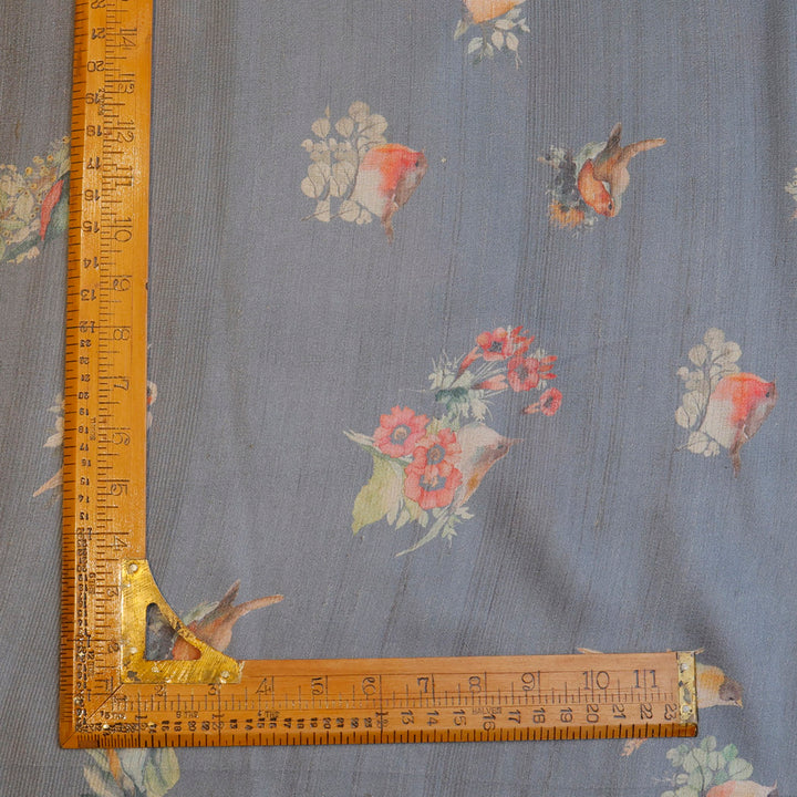 Blue Gray Color Tussar Fabric With Floral And Bird Motif Pattern