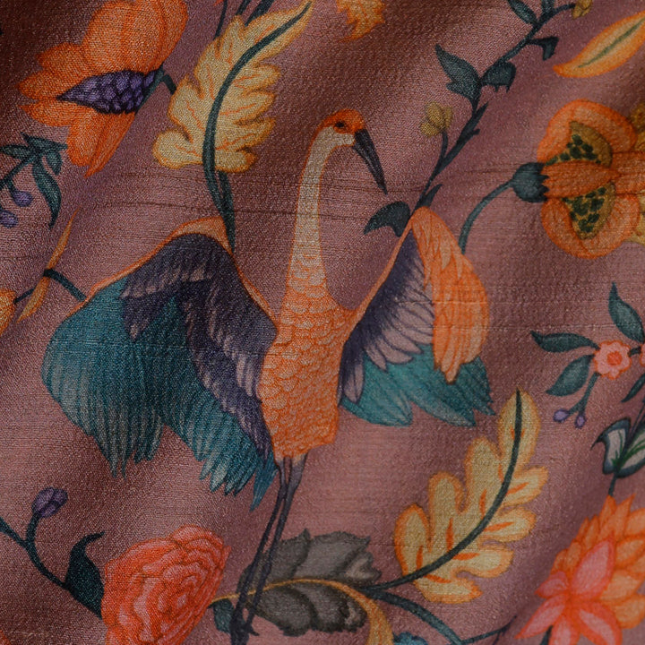Dusky Pink Color Tussar Fabric With Floral And Bird Motif Pattern