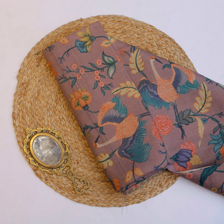 Dusky Pink Color Tussar Fabric With Floral And Bird Motif Pattern