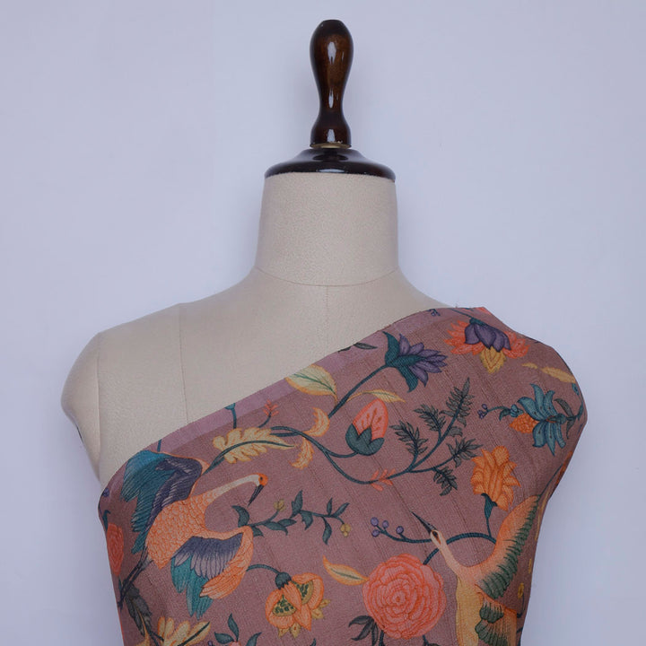 Dusky Pink Color Tussar Fabric With Floral And Bird Motif Pattern