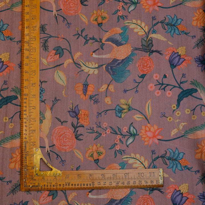 Dusky Pink Color Tussar Fabric With Floral And Bird Motif Pattern