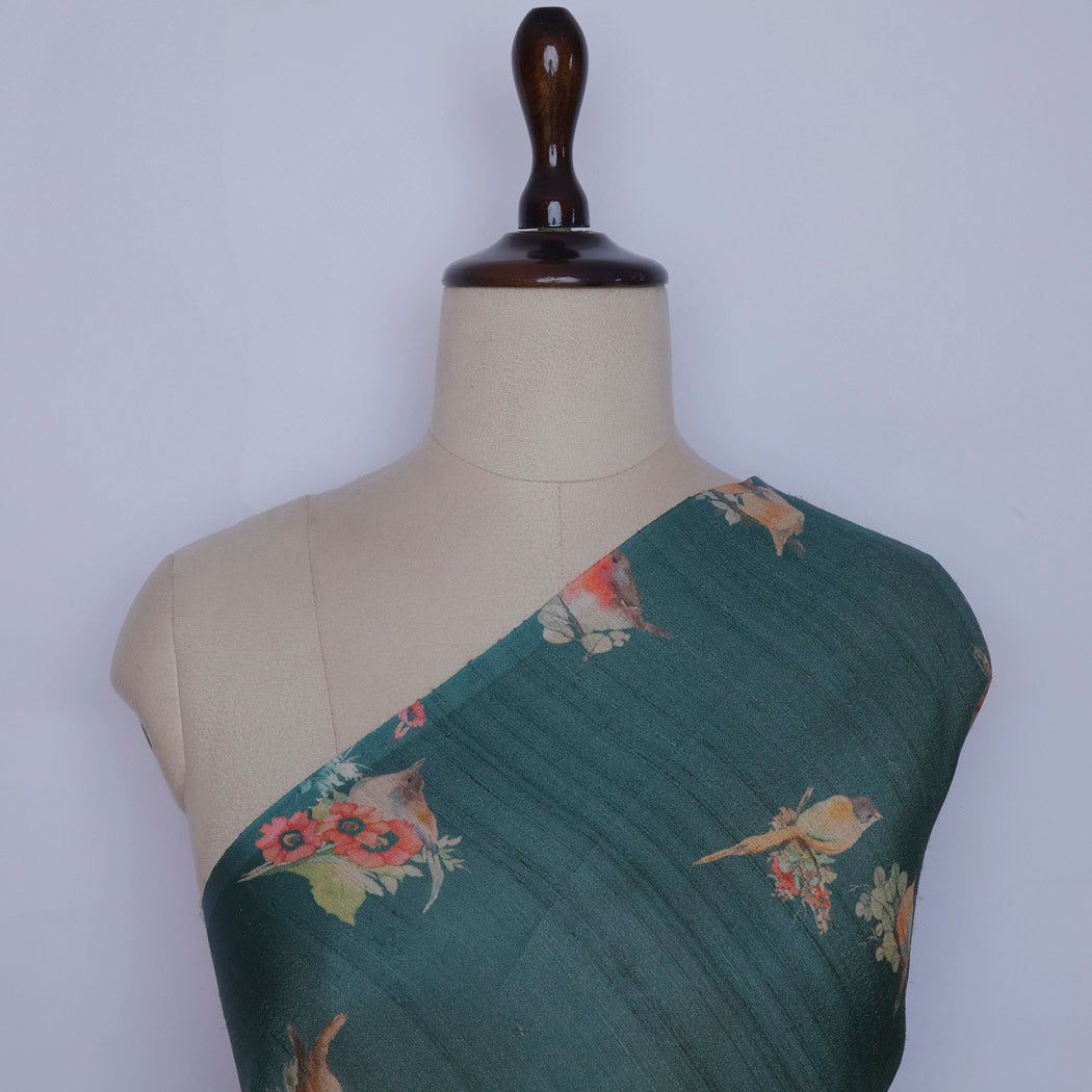 Teal Green Color Tussar Fabric With Floral And Bird Motif Pattern