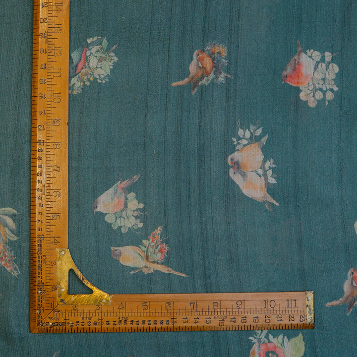 Teal Green Color Tussar Fabric With Floral And Bird Motif Pattern