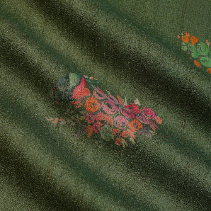 Earthy Green Color Tussar Fabric With Floral And Bird Motif Pattern