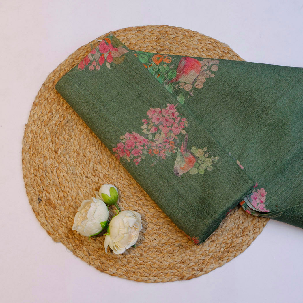 Earthy Green Color Tussar Fabric With Floral And Bird Motif Pattern