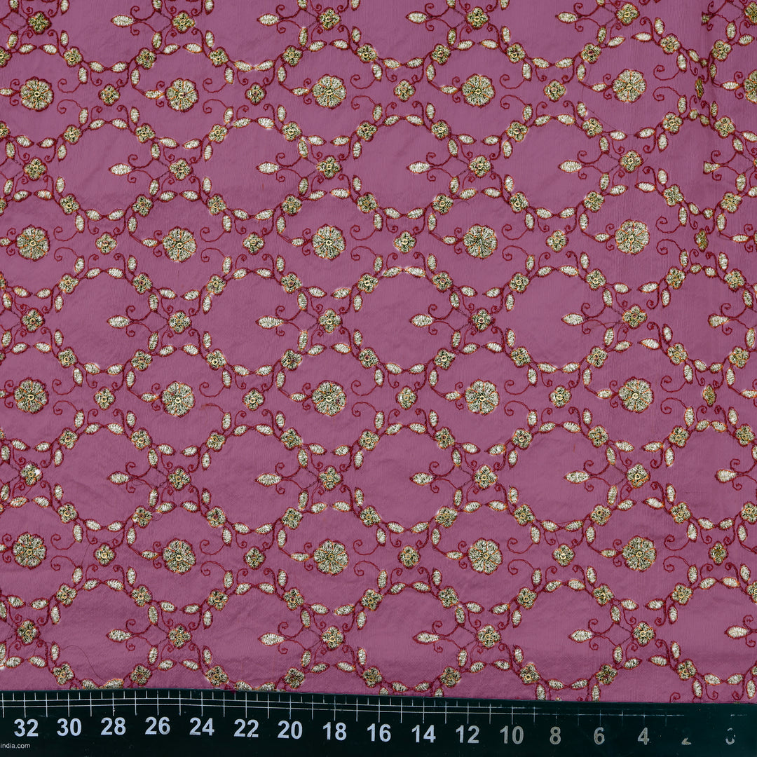 Bright Purple Dupion Floral Embroidery Fabric