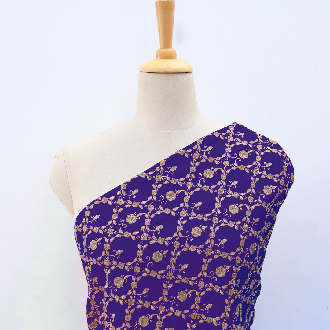 Northwestern Purple Dupion Floral Embroidery Fabric