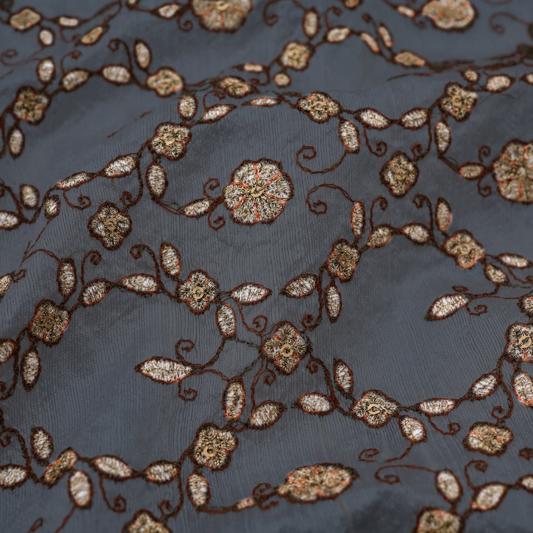 Davy'S Gray Dupion Floral Embroidery Fabric