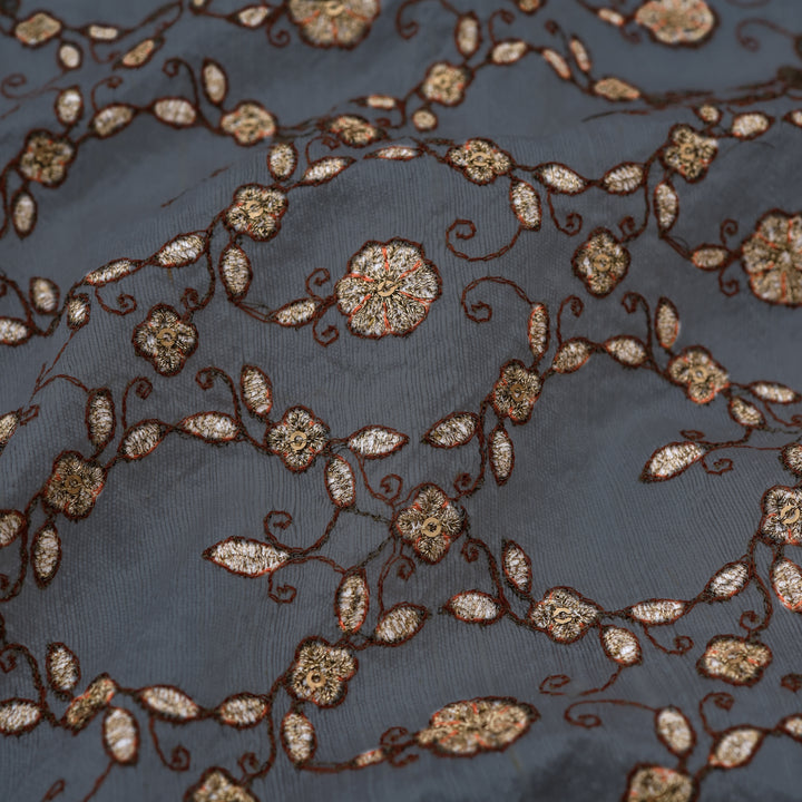 Davy'S Gray Dupion Floral Embroidery Fabric