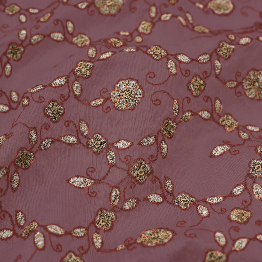 Chestnut Brown Dupion Floral Embroidery Fabric