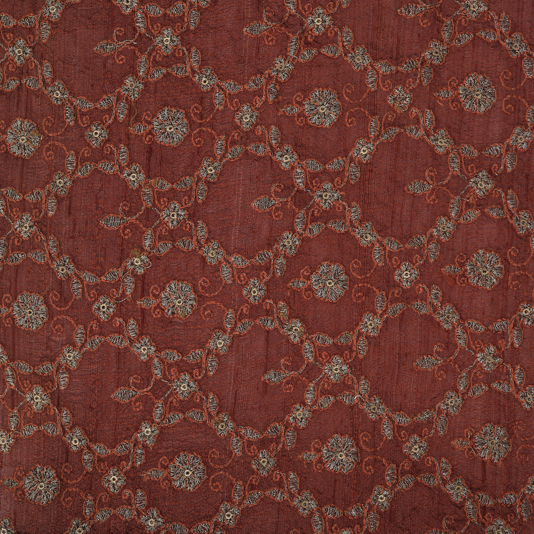 Chestnut Brown Dupion Floral Embroidery Fabric