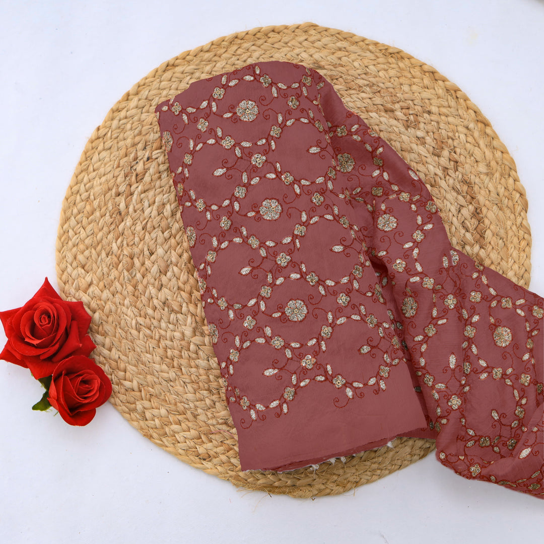 Chestnut Brown Dupion Floral Embroidery Fabric