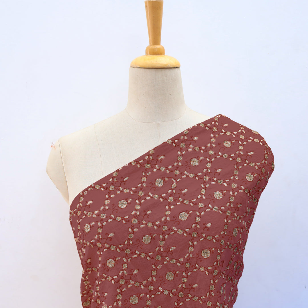 Chestnut Brown Dupion Floral Embroidery Fabric