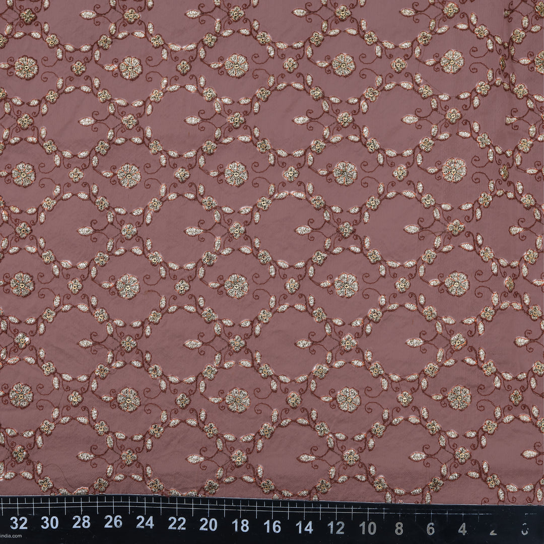 Chestnut Brown Dupion Floral Embroidery Fabric