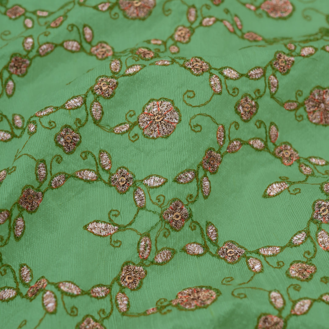 Sage Green Dupion Floral Embroidery Fabric