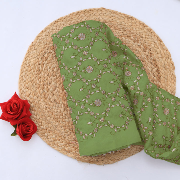 Sage Green Dupion Floral Embroidery Fabric
