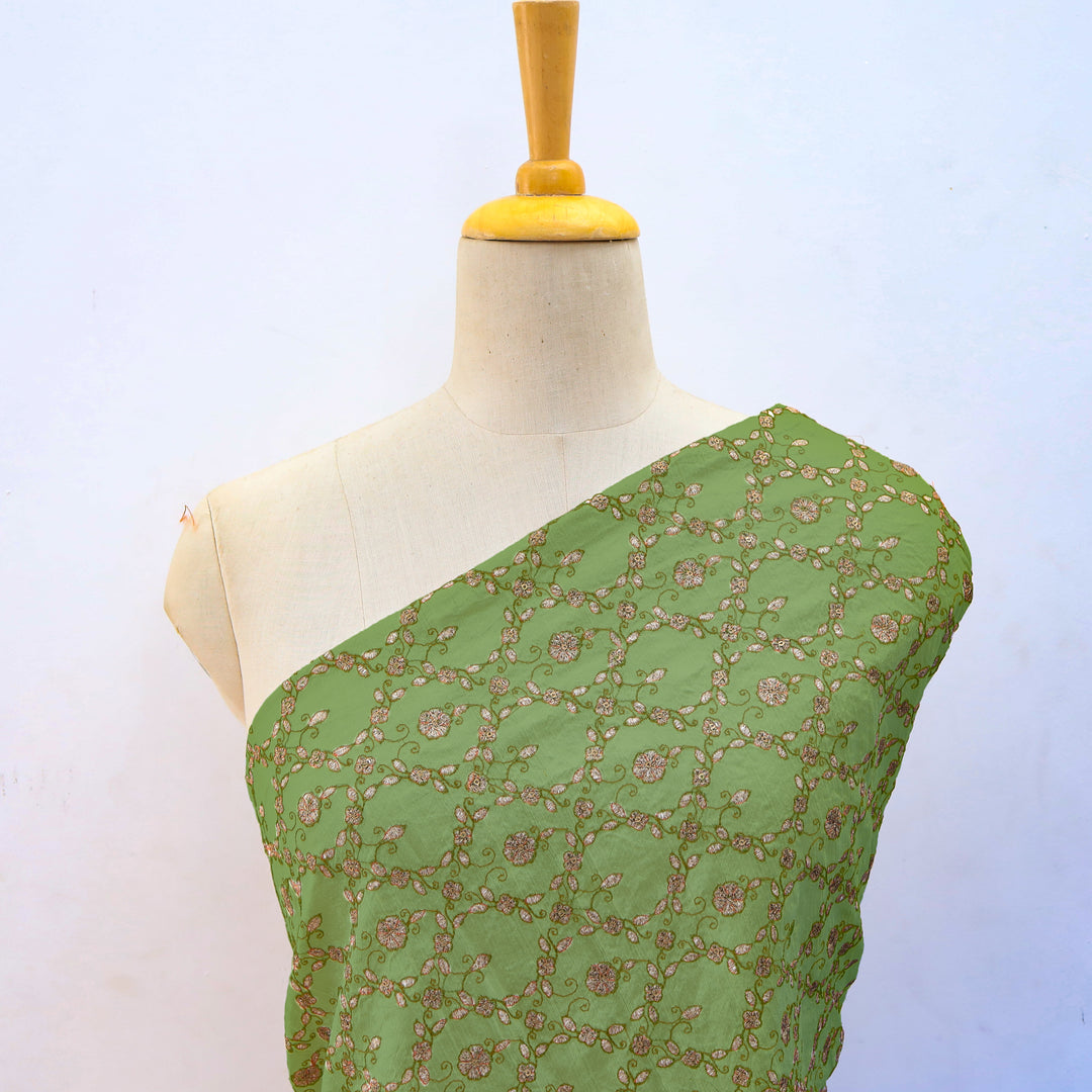 Sage Green Dupion Floral Embroidery Fabric