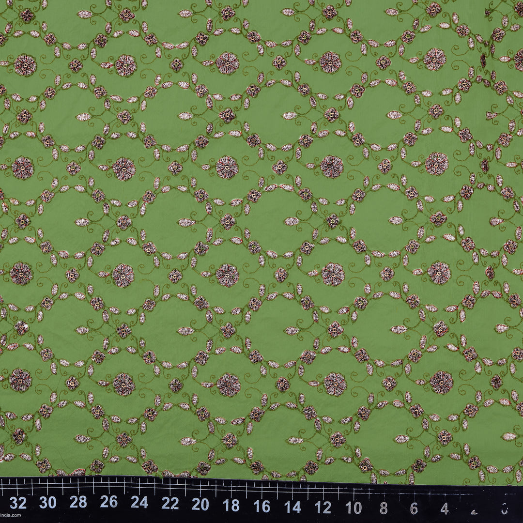 Sage Green Dupion Floral Embroidery Fabric