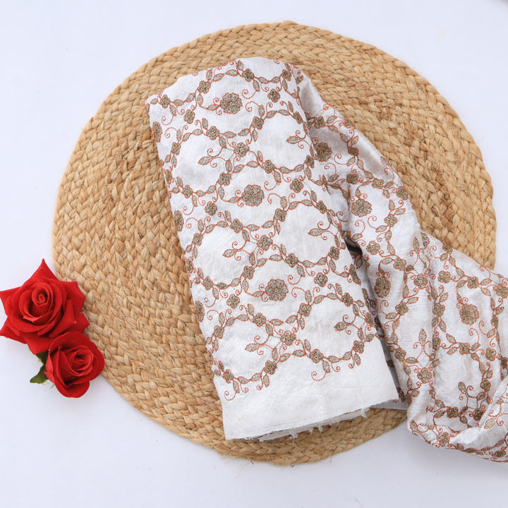 White Smoke Dupion Floral Embroidery Fabric
