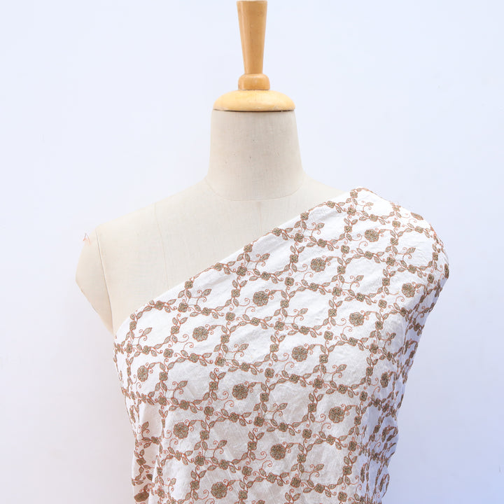 White Smoke Dupion Floral Embroidery Fabric
