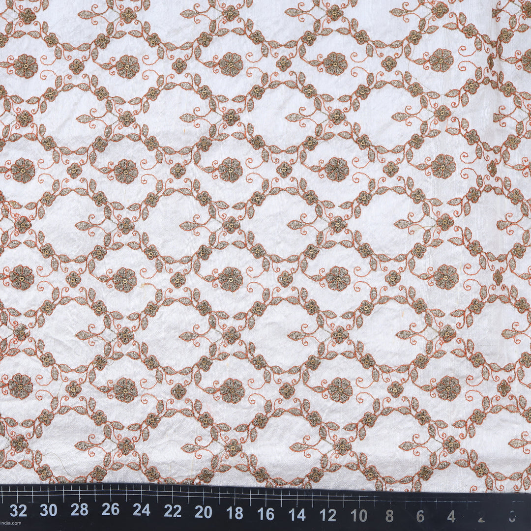 White Smoke Dupion Floral Embroidery Fabric