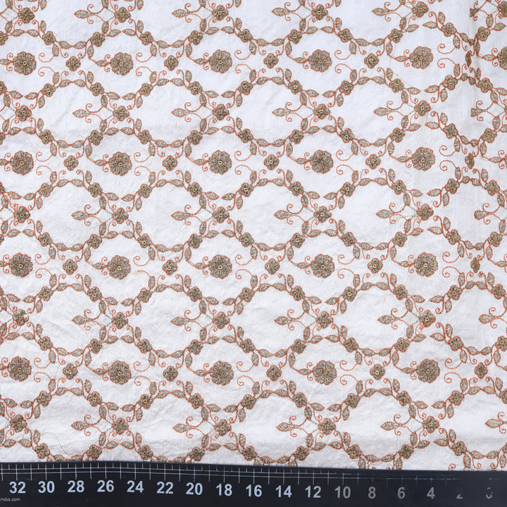 White Smoke Dupion Floral Embroidery Fabric