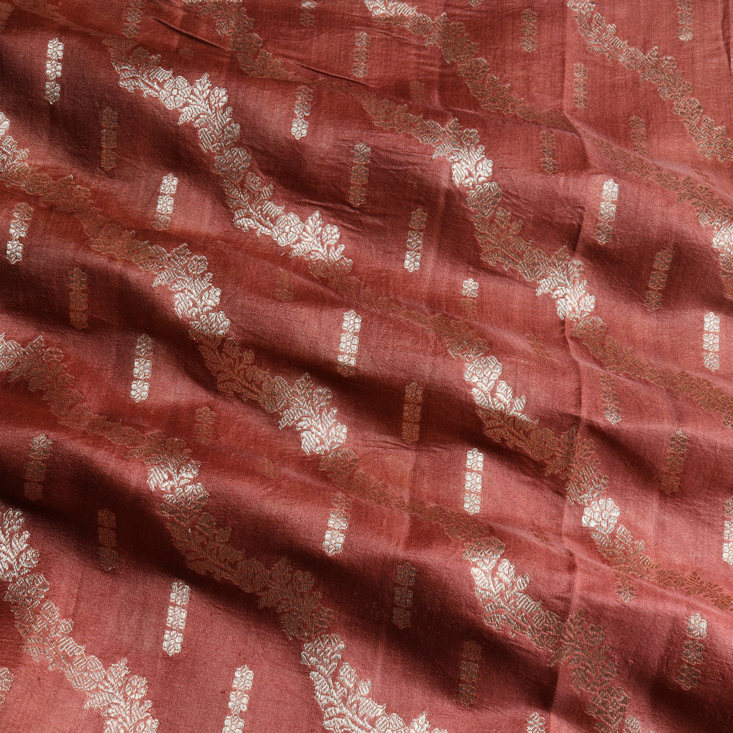 Coral Red Color Silk Fabric With Floral Pattern