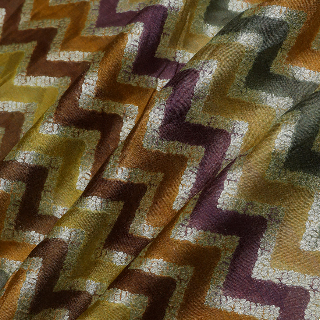 Brown Multicolor Silk Fabric With Zig-Zag Pattern