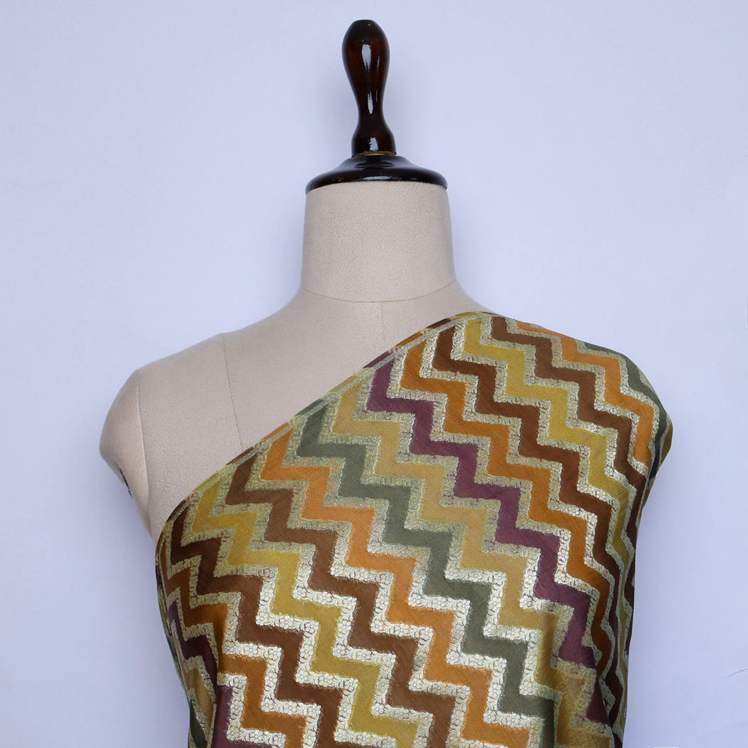 Brown Multicolor Silk Fabric With Zig-Zag Pattern