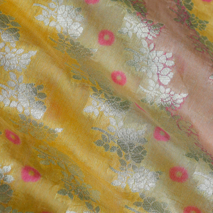 Multi Color Silk Fabric With Floral Stripe Pattern