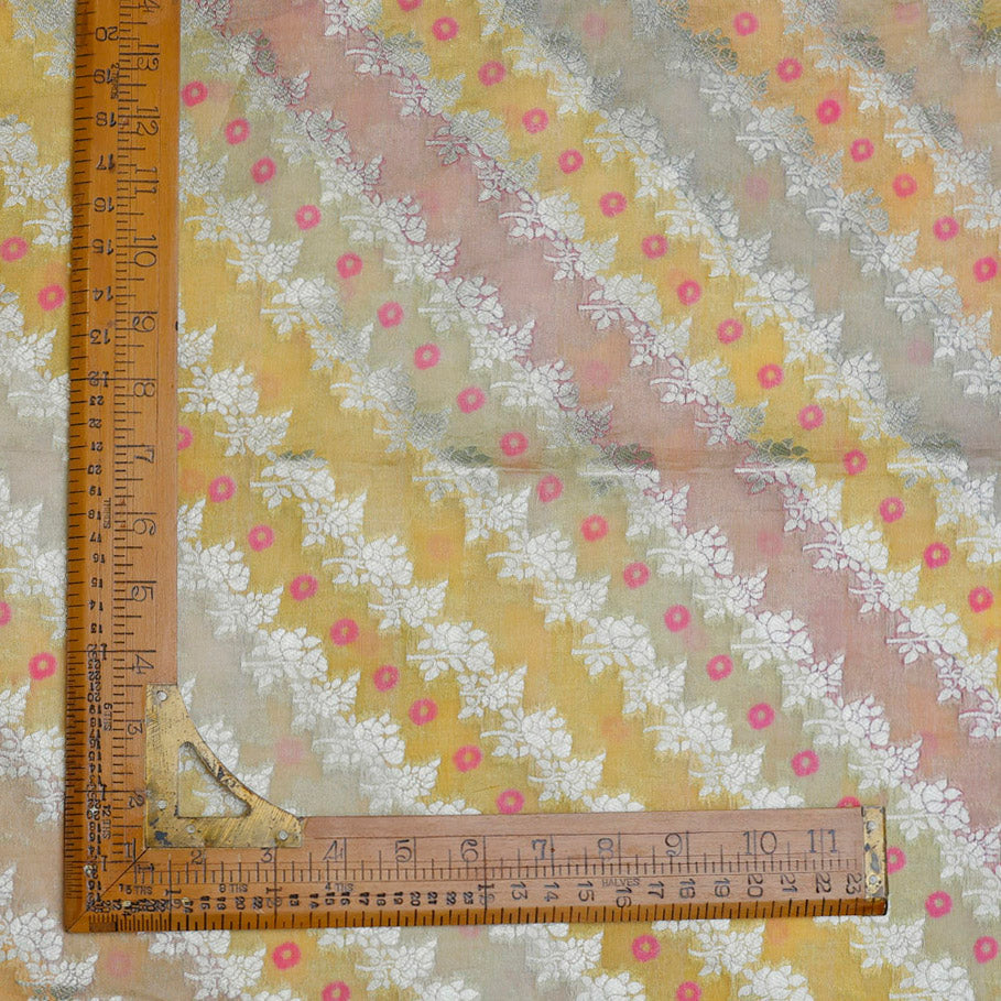 Multi Color Silk Fabric With Floral Stripe Pattern