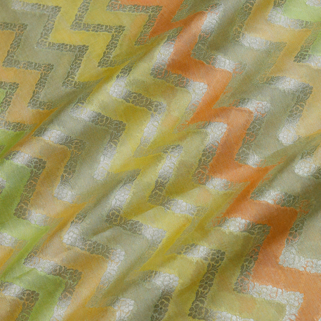Green Multicolor Silk Fabric With Zig-Zag Pattern