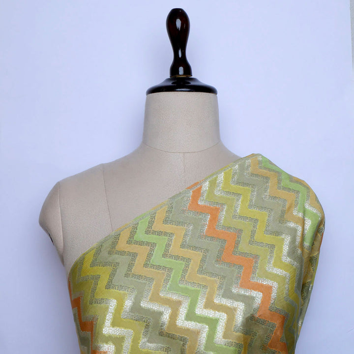 Green Multicolor Silk Fabric With Zig-Zag Pattern