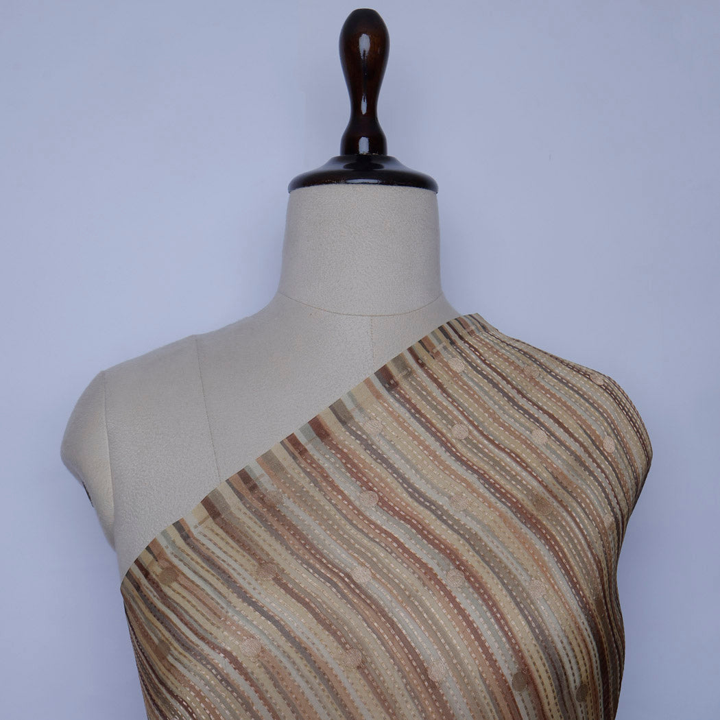 Dusky Brown Color Organza Fabric With Stripes Pattern