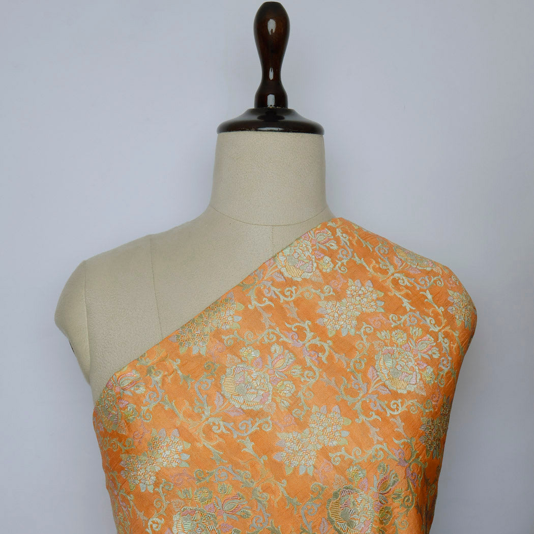 Pastel Peach Color Silk Fabric With Floral Pattern