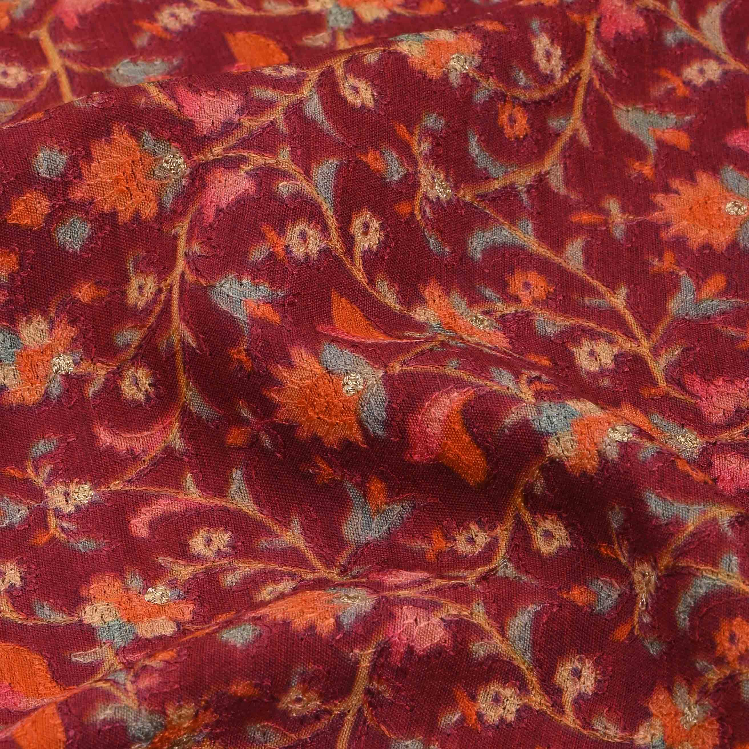 Japanese Carmine Chanderi Embroidery Fabric