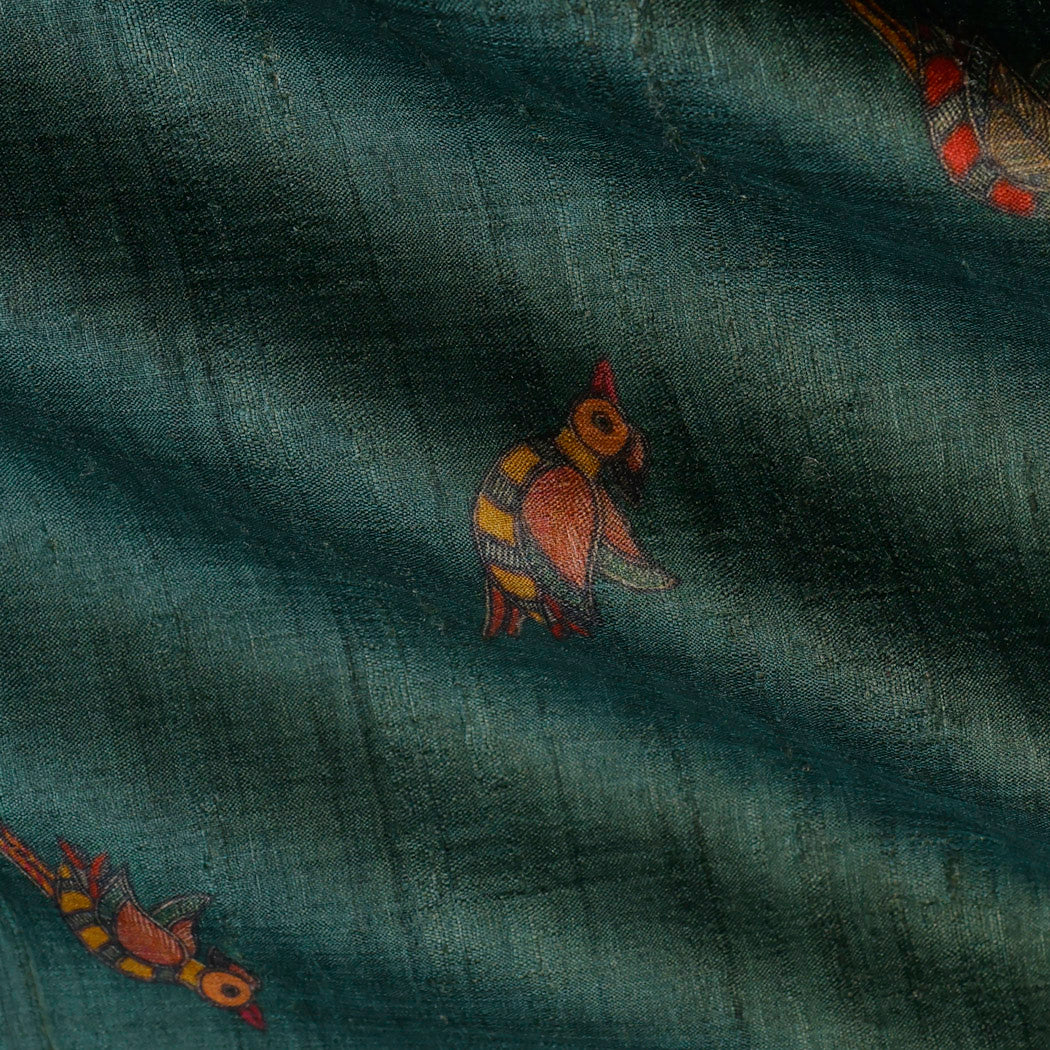 Dark Green Color Tussar Fabric With Bird Motif Pattern