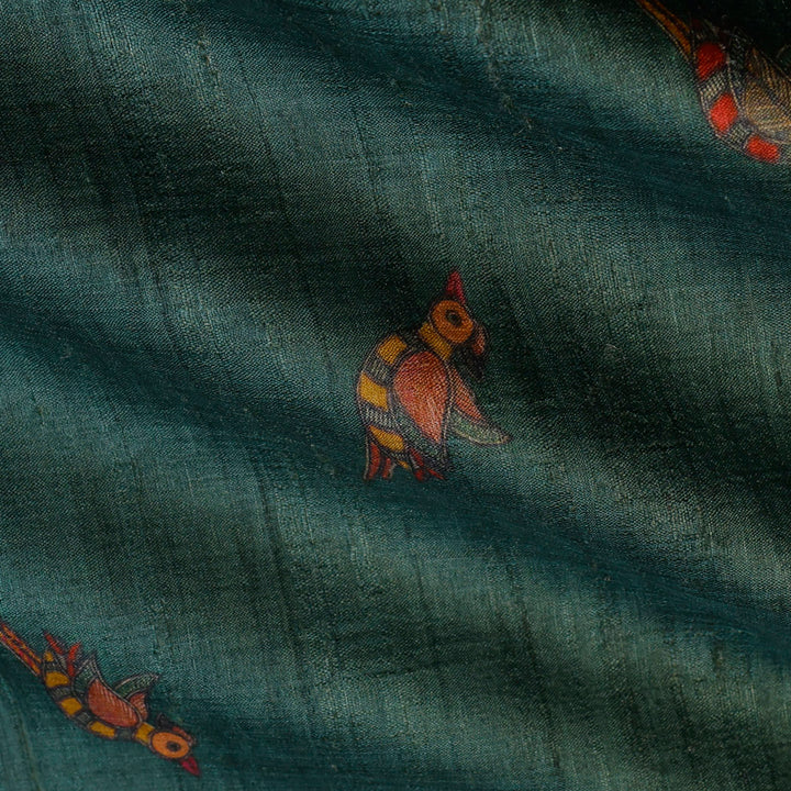 Dark Green Color Tussar Fabric With Bird Motif Pattern