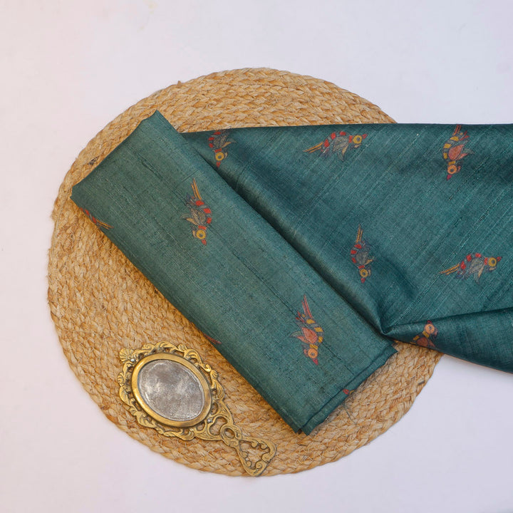 Dark Green Color Tussar Fabric With Bird Motif Pattern