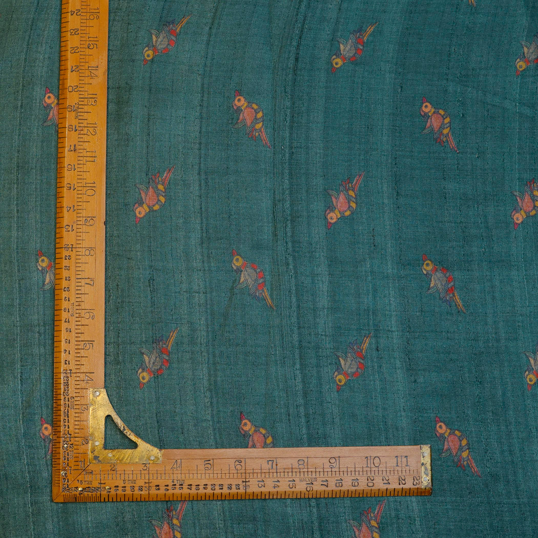 Dark Green Color Tussar Fabric With Bird Motif Pattern