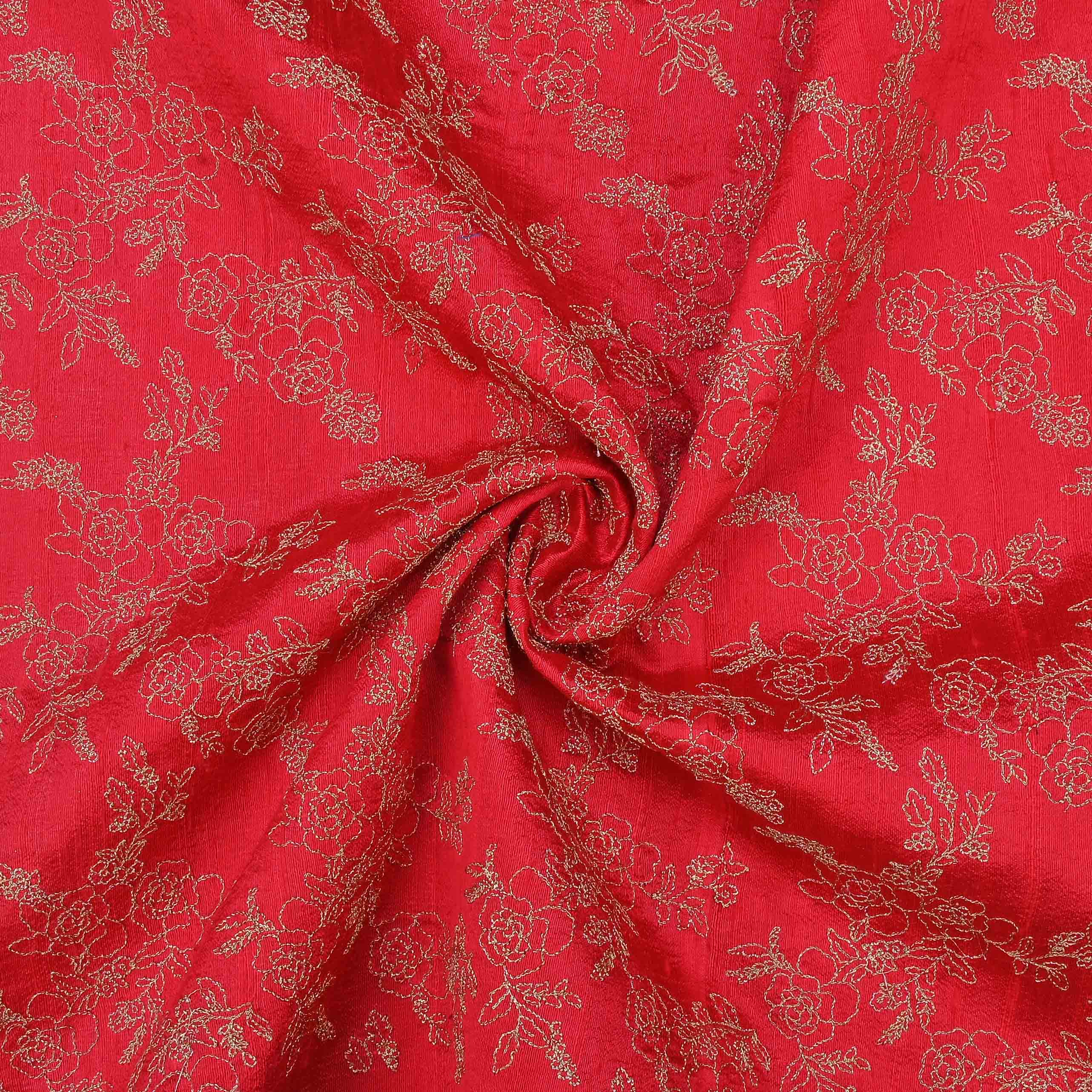 Imperial Red Raw Silk Embroidered Fabric