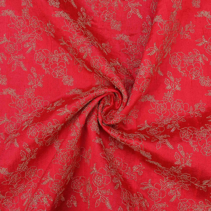 Imperial Red Raw Silk Embroidered Fabric